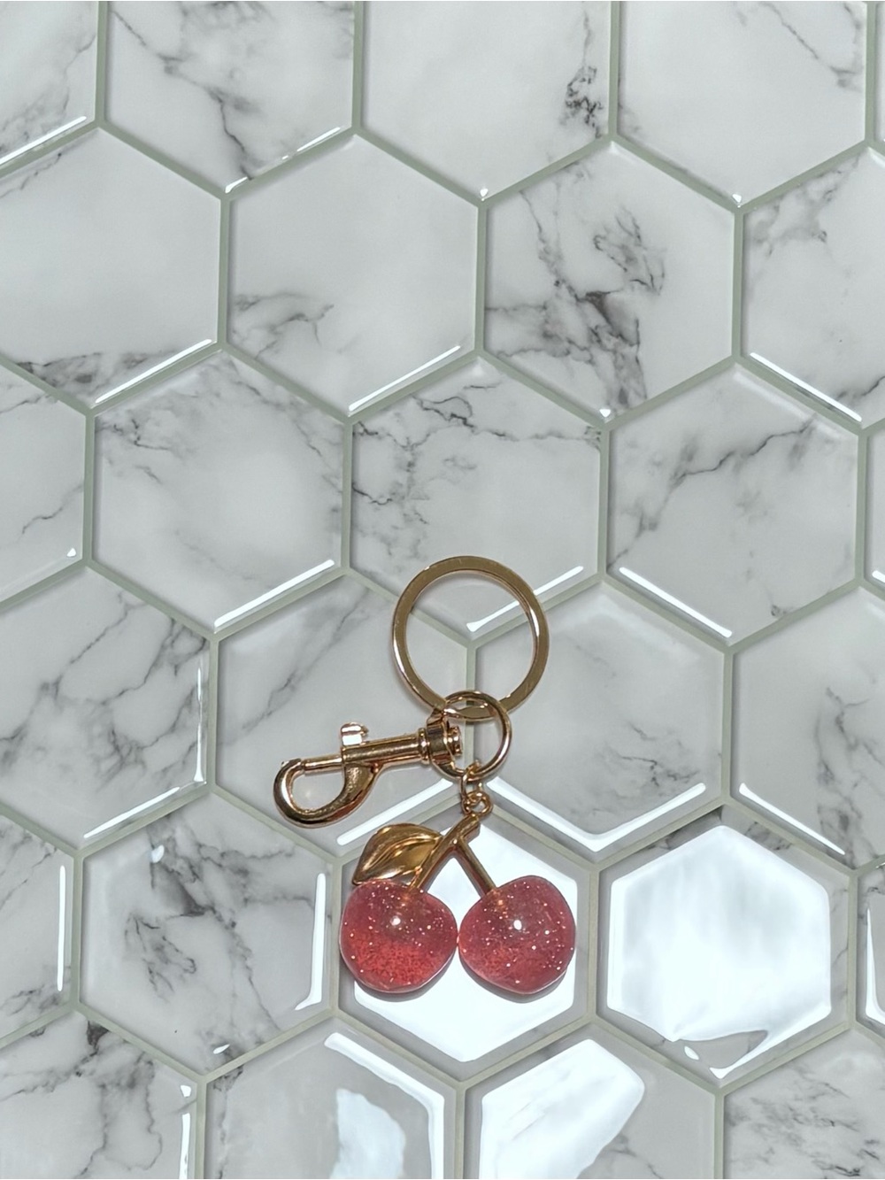 Gold Cherry Keychain with Sparkling Pink Charms